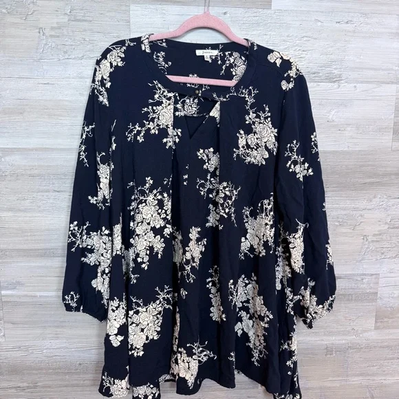 JODIFL Navy Floral Print Keyhole Long Sleeve Blouse - Size Small - Picture 1 of 7
